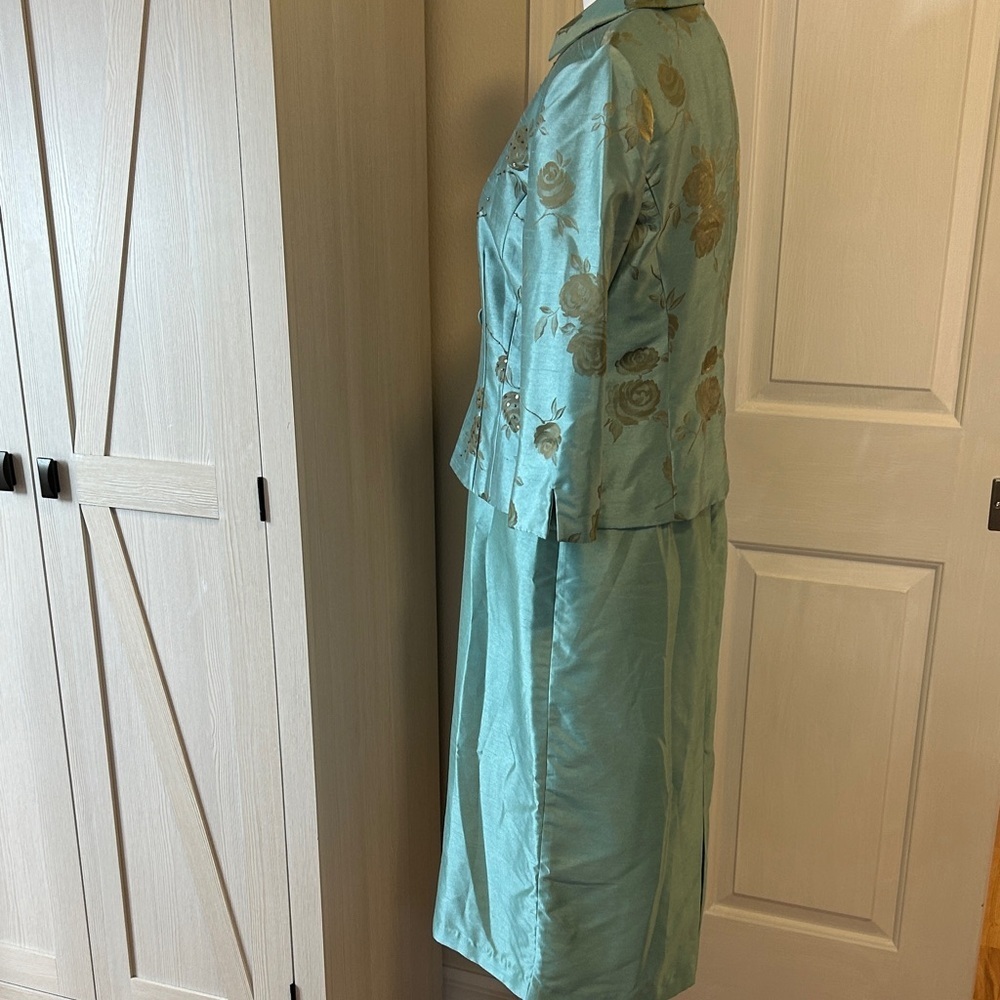 Jessica Howard Teal 2-Piece Jacket & Skirt Set Floral Embroidered  Dress Sz 6P - Picture 4 of 13